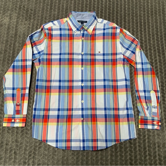 Tommy Hilfiger Shirt Mens Medium Red Blue Yellow Long Sleeve Button Down Plaid - Picture 1 of 10